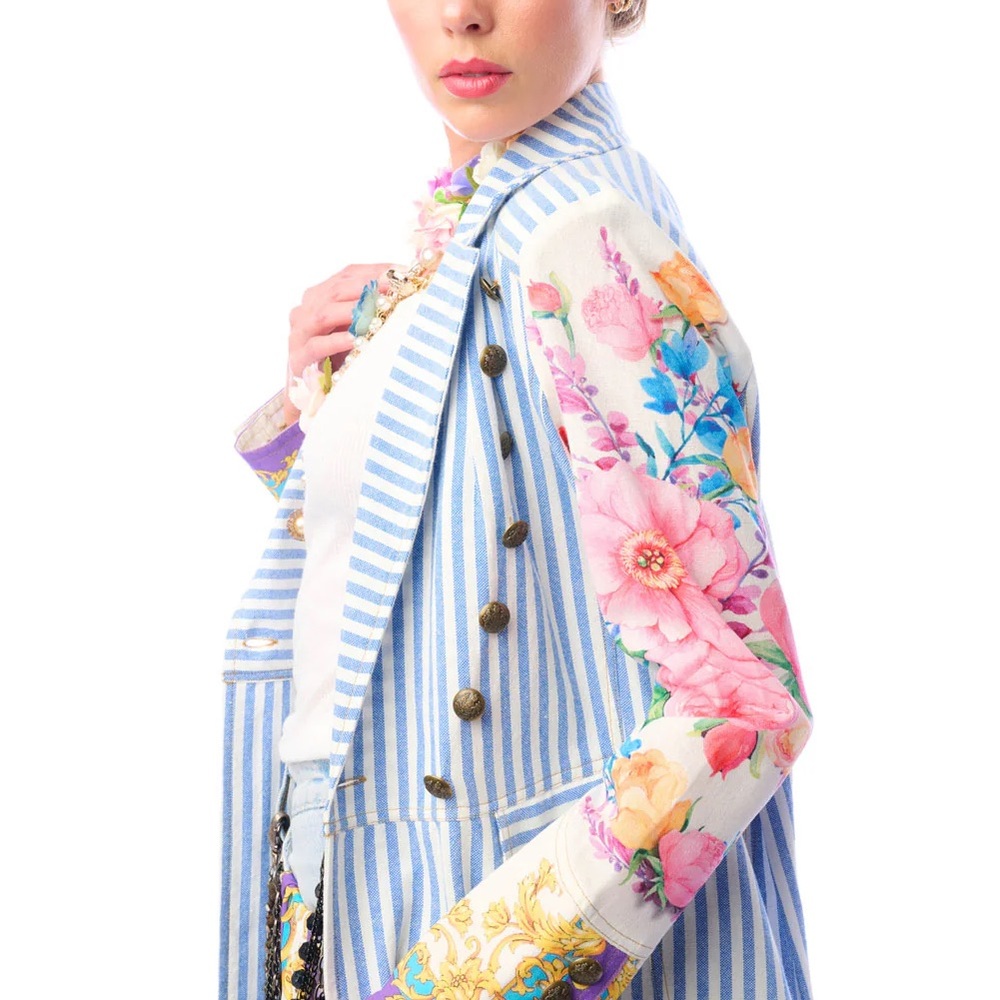 NWT Aratta Blue Striped Sailor Love Coat Jacket Floral Blazer Small S